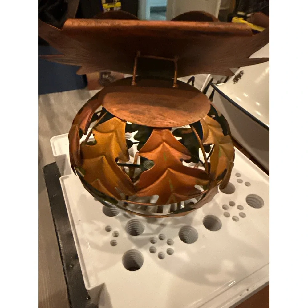 Pier 1 Autumn Metal Owl Tea Light Candle Holder Copper Oak Leaf Fall Decor